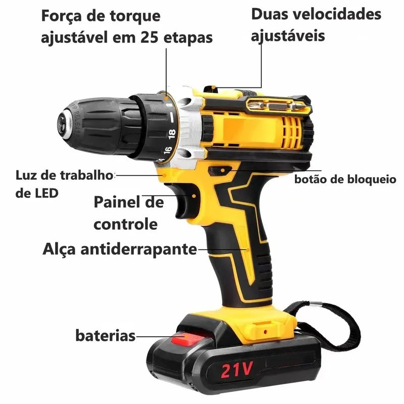 Parafusadeira/Furadeira 21V com design ergonômico e LED