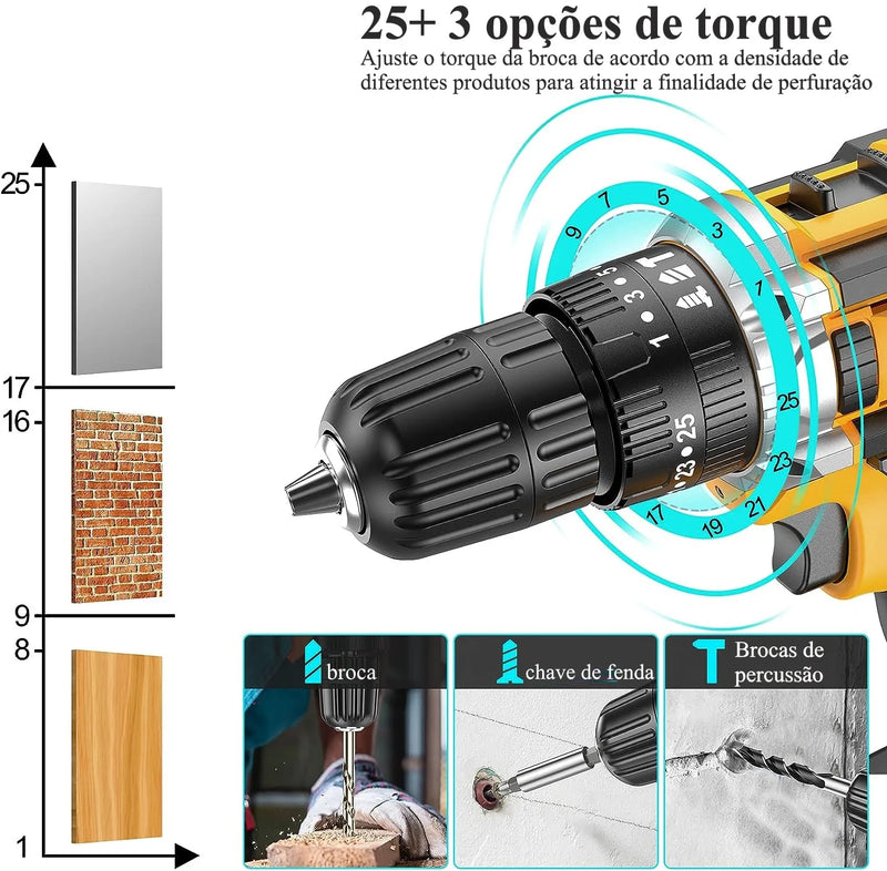 Parafusadeira/Furadeira 21V com design ergonômico e LED